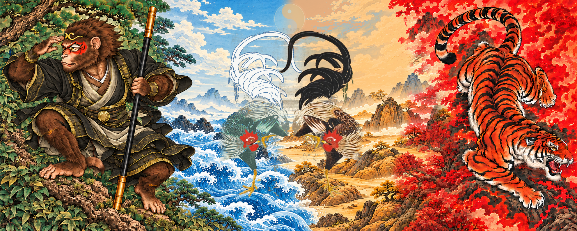 Ilustración panorámica de Aisawa: mono, gallos enfrentados entre agua y tierra, y tigre entre fuego y bosque